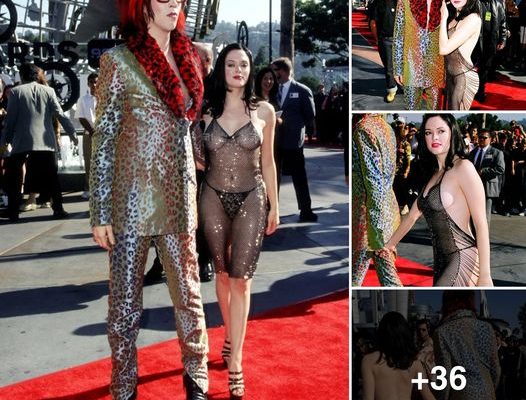 Marilyn Manson and Rose McGowan in dresses that show everything at the MTV VMAs, circa 1998